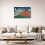 Gallery-wrapped canvas print of Katsushika Hokusai's Fine Wind, Clear Weather displayed on a wall in a living room