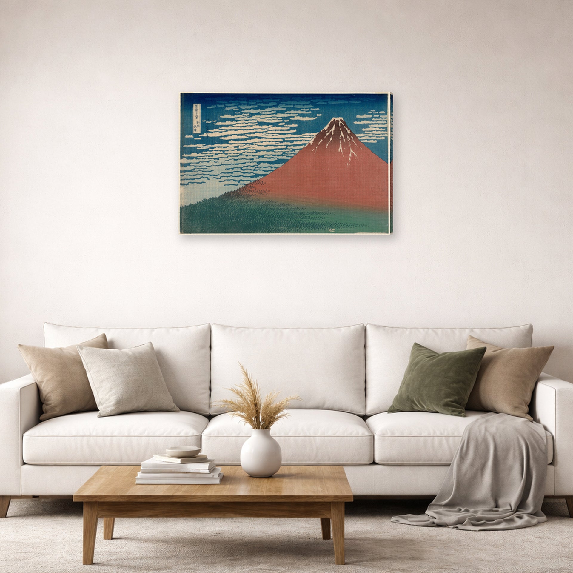 Gallery-wrapped canvas print of Katsushika Hokusai's Fine Wind, Clear Weather displayed on a wall in a living room