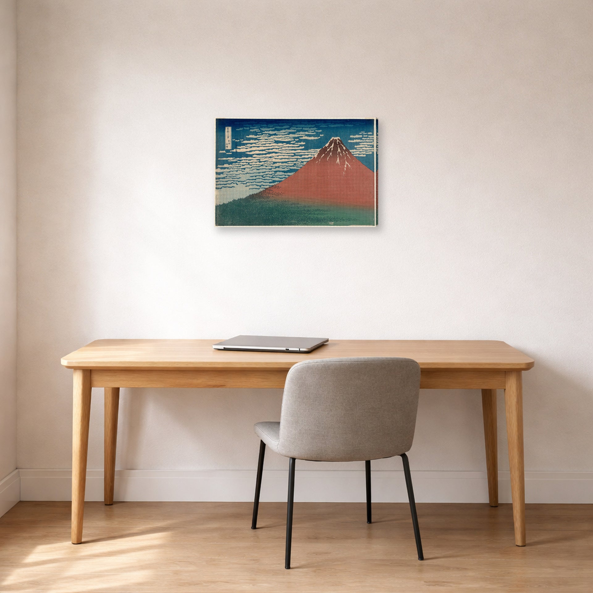 Gallery-wrapped canvas print of Katsushika Hokusai's Fine Wind, Clear Weather displayed on a wall in a office