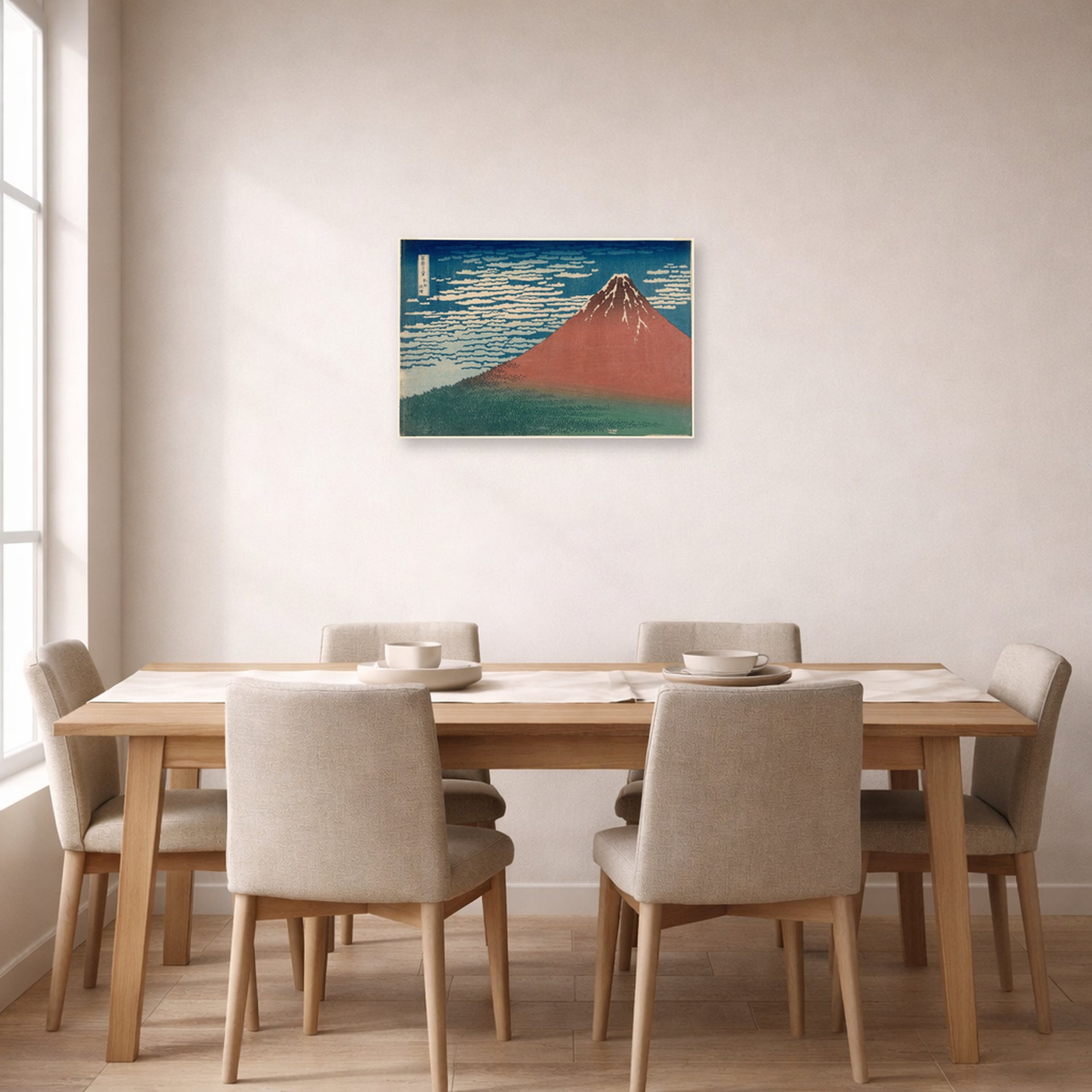 Unframed poster print of Katsushika Hokusai's Fine Wind, Clear Weather displayed on a wall in a dining room