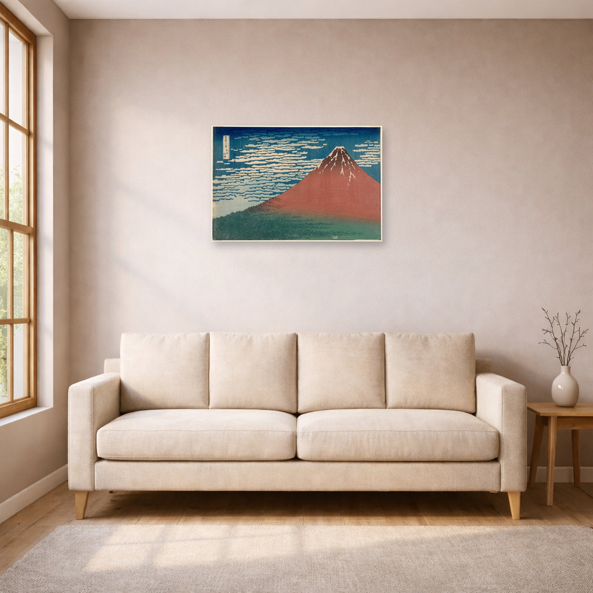 Unframed poster print of Katsushika Hokusai's Fine Wind, Clear Weather displayed on a wall in a living room