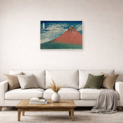 Unframed poster print of Katsushika Hokusai's Fine Wind, Clear Weather displayed on a wall in a living room