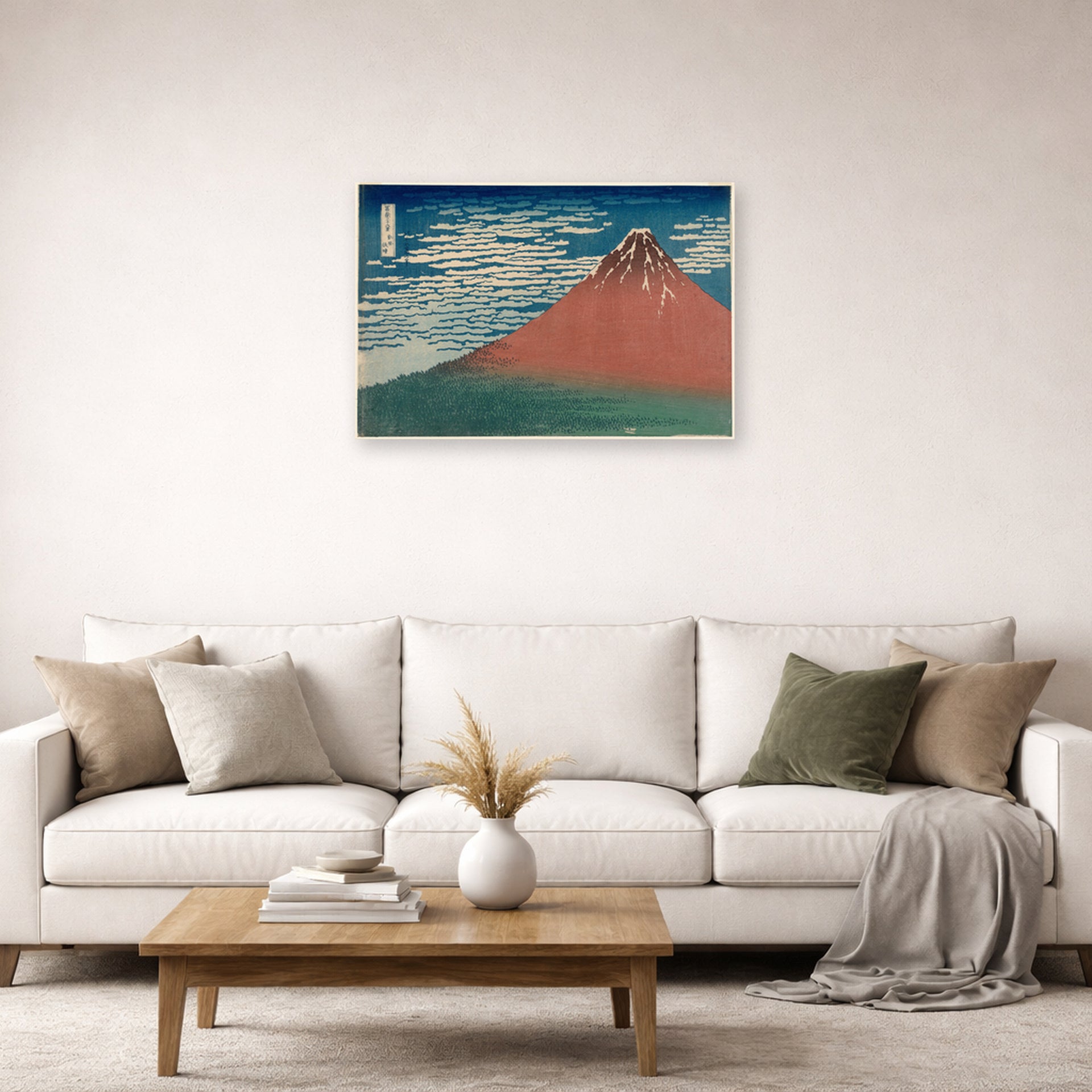 Unframed poster print of Katsushika Hokusai's Fine Wind, Clear Weather displayed on a wall in a living room