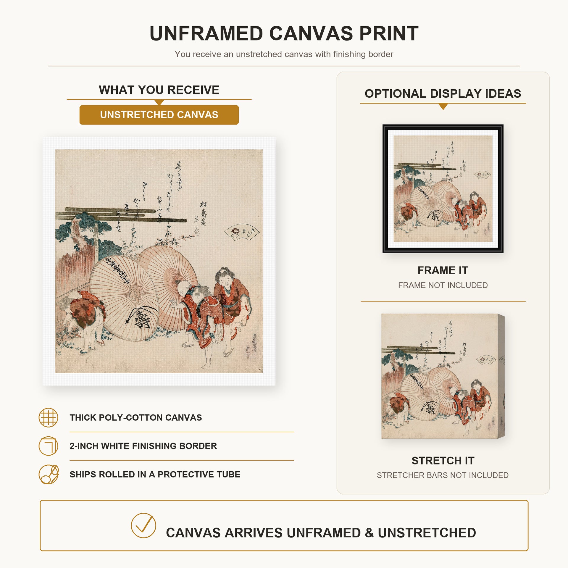 Katsushika Hokusai - Lost Love Shell canvas print size comparison and framing display infographic