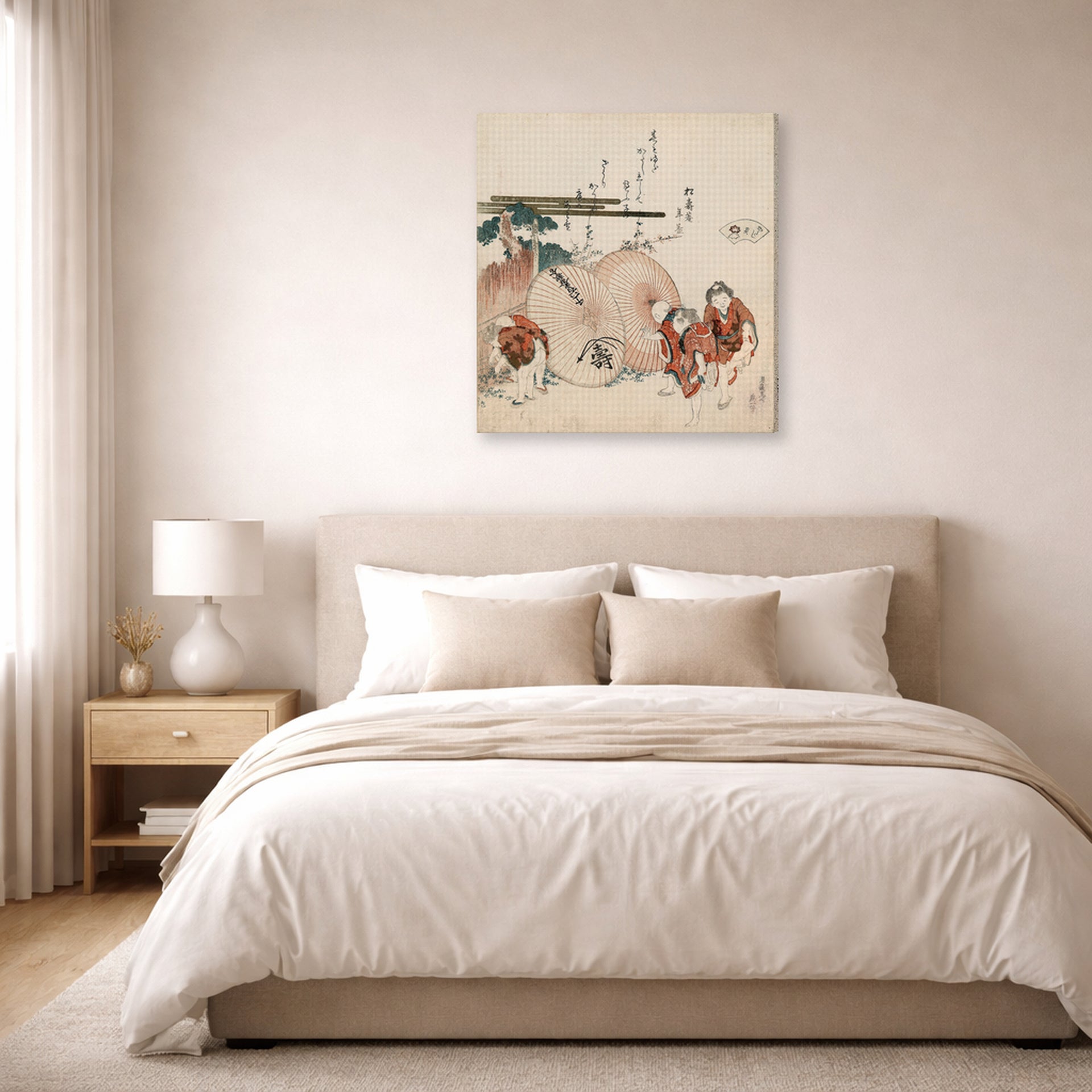 Gallery-wrapped canvas print of Katsushika Hokusai's Lost Love Shell displayed on a wall in a bedroom