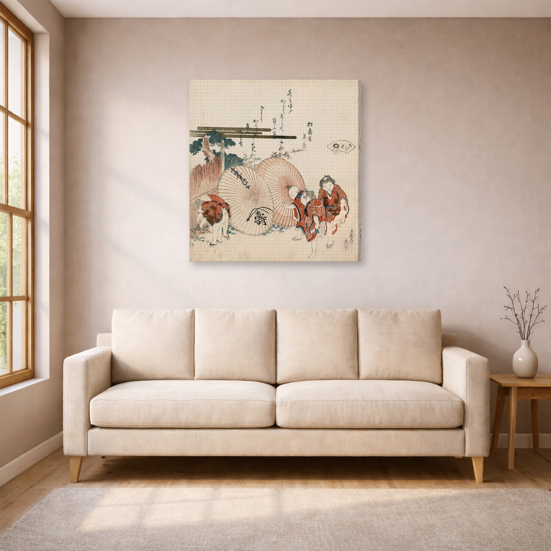 Gallery-wrapped canvas print of Katsushika Hokusai's Lost Love Shell displayed on a wall in a living room
