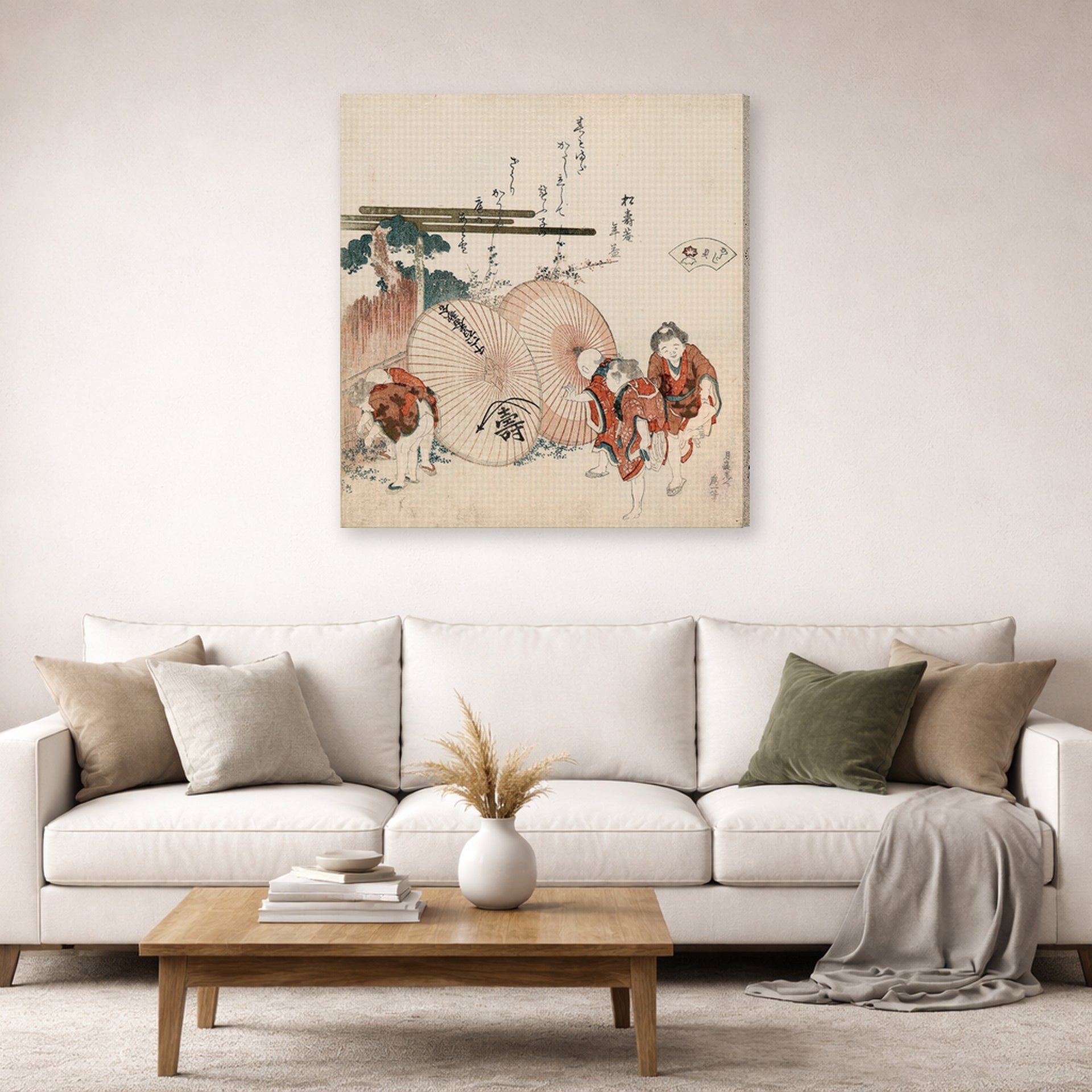 Gallery-wrapped canvas print of Katsushika Hokusai's Lost Love Shell displayed on a wall in a living room
