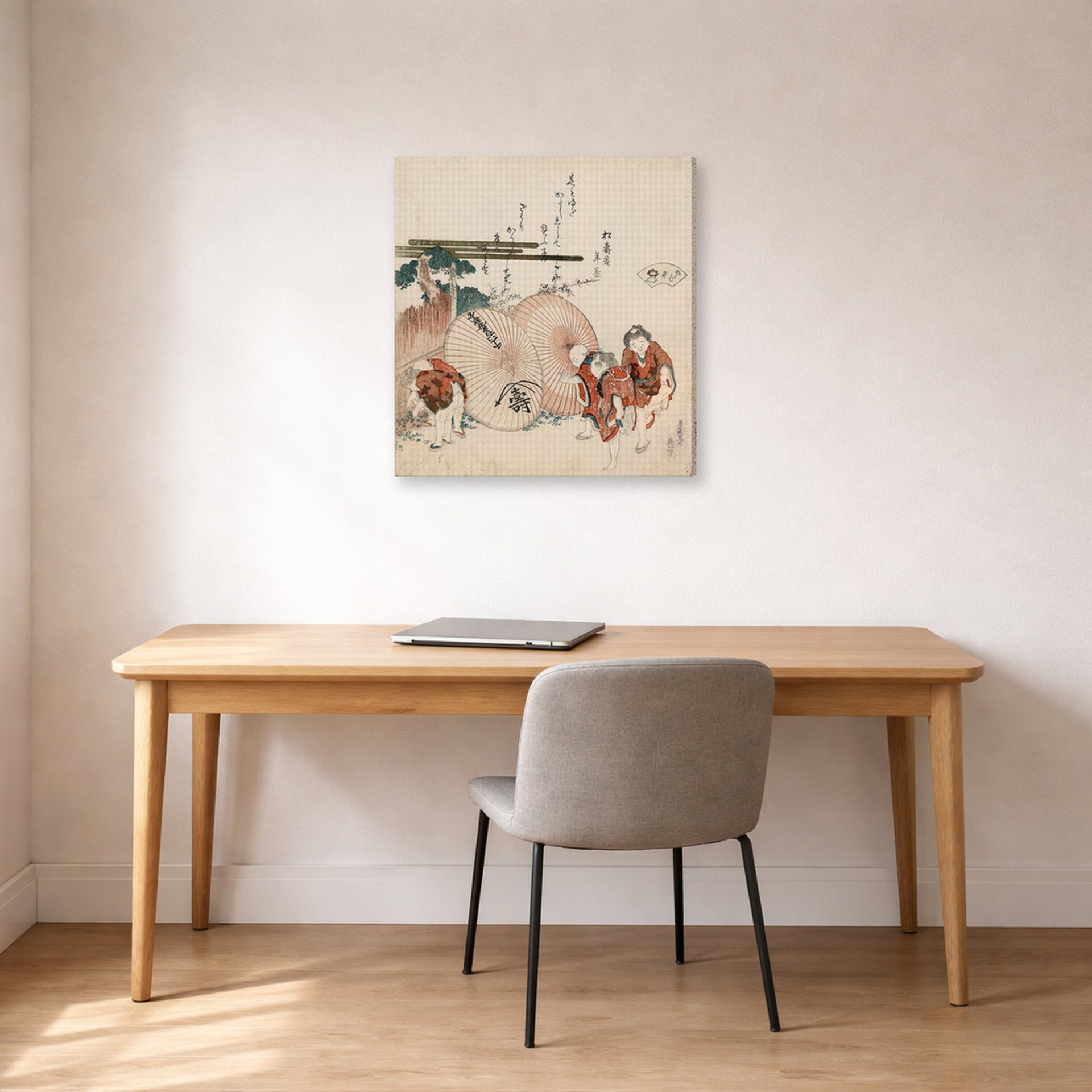 Gallery-wrapped canvas print of Katsushika Hokusai's Lost Love Shell displayed on a wall in a office