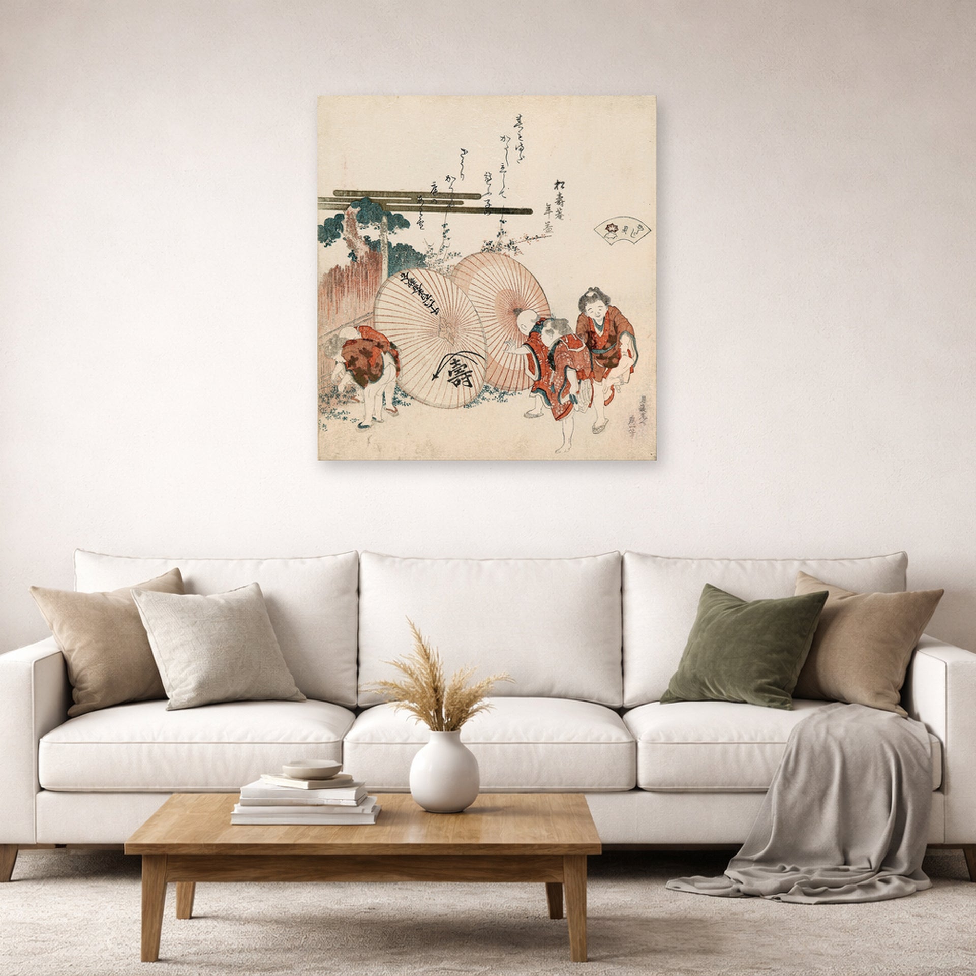 Unframed poster print of Katsushika Hokusai's Lost Love Shell displayed on a wall in a living room