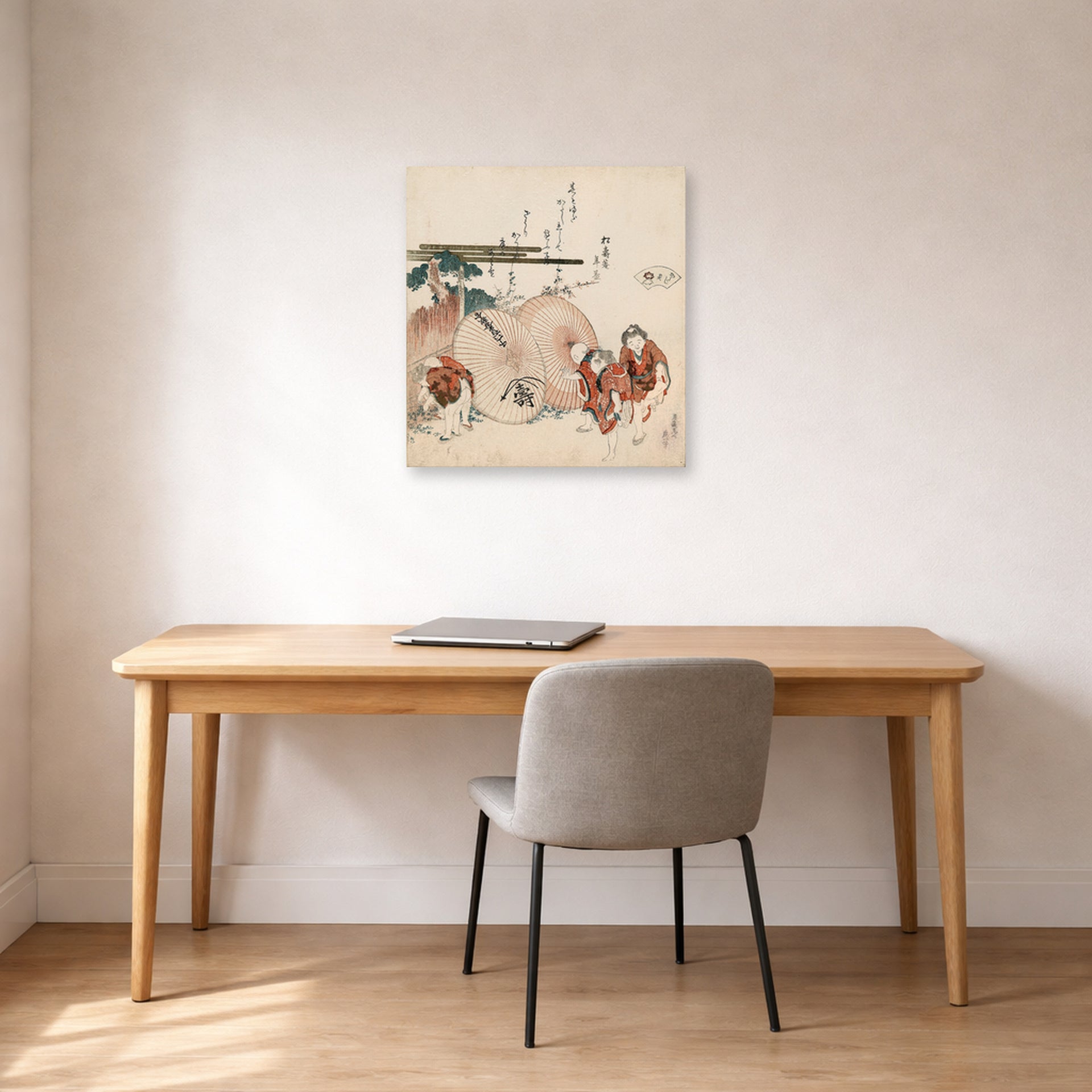 Unframed poster print of Katsushika Hokusai's Lost Love Shell displayed on a wall in a office