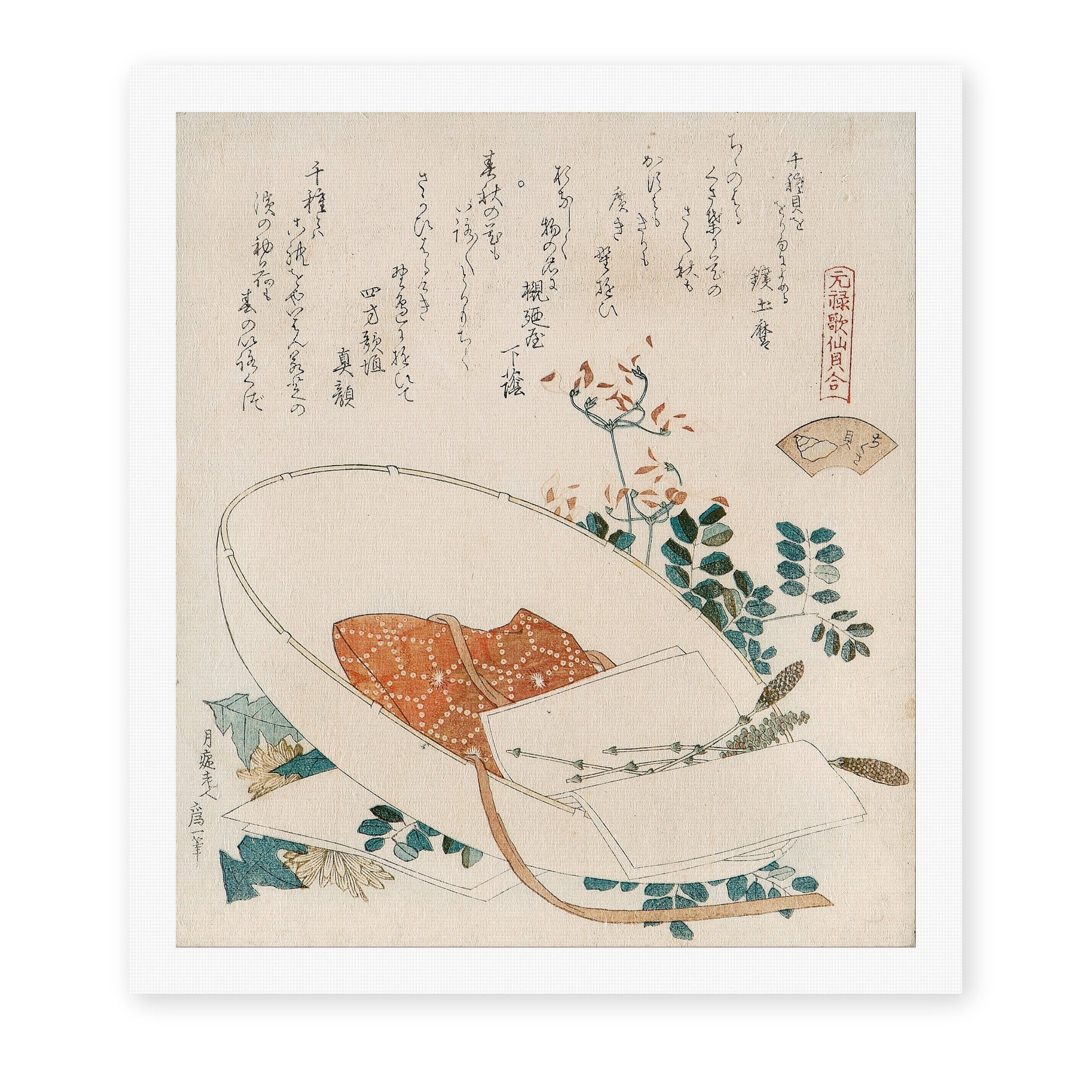 Katsushika Hokusai's 'Myriad Grasses Shell' painting reproduced as a rolled canvas print