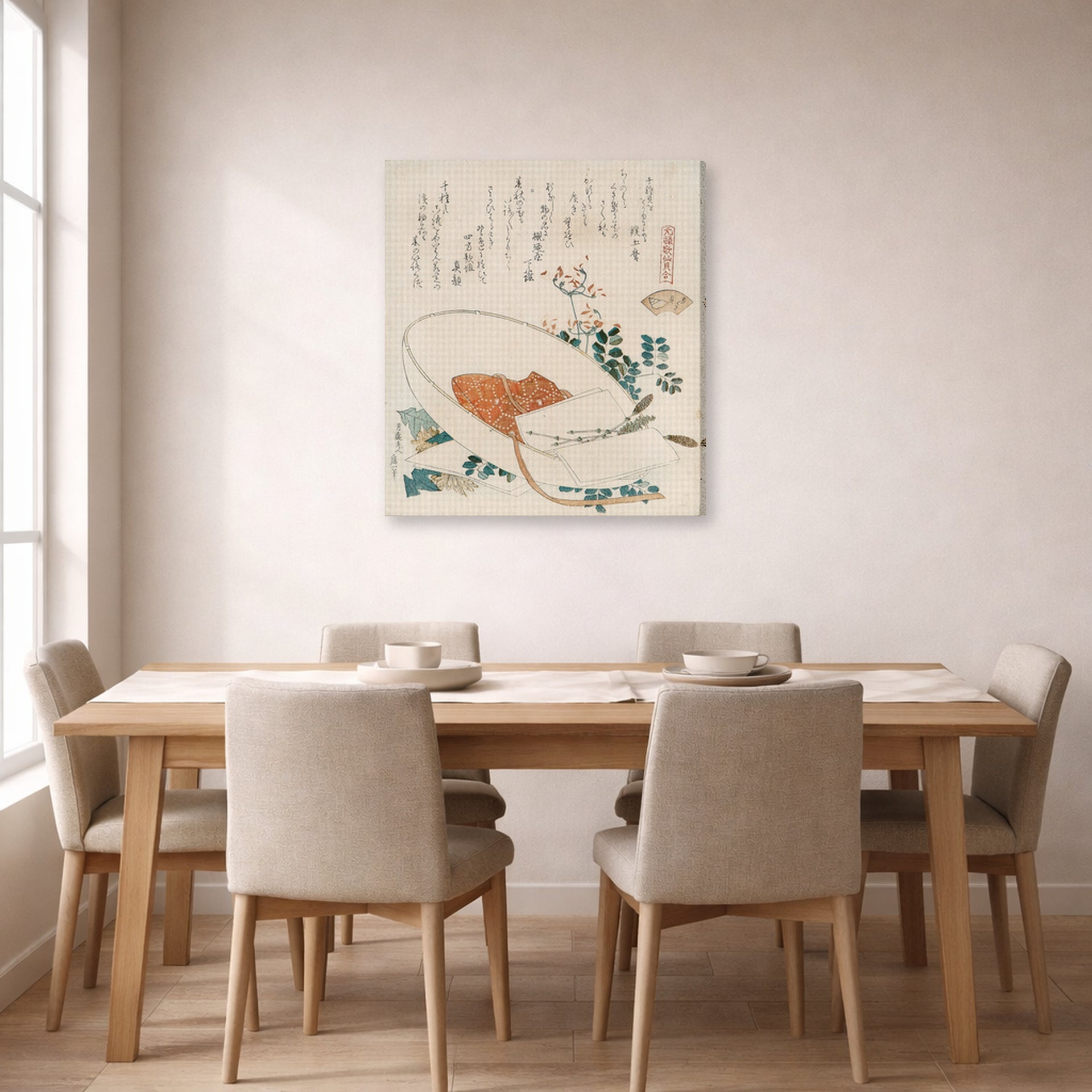Gallery-wrapped canvas print of Katsushika Hokusai's Myriad Grasses Shell displayed on a wall in a dining room