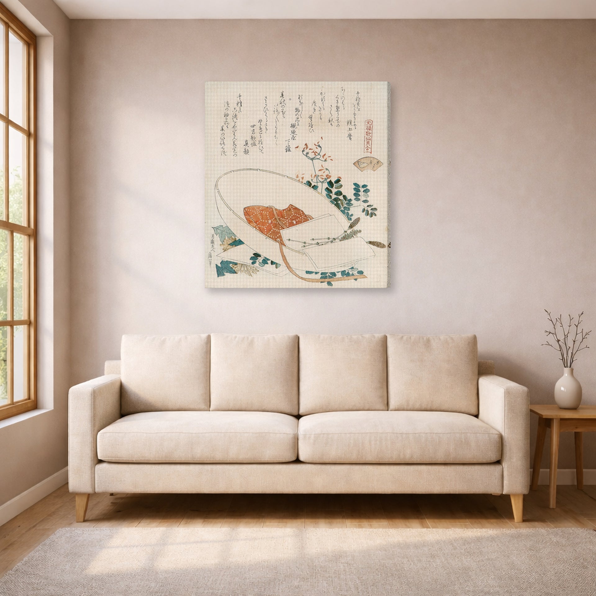 Gallery-wrapped canvas print of Katsushika Hokusai's Myriad Grasses Shell displayed on a wall in a living room