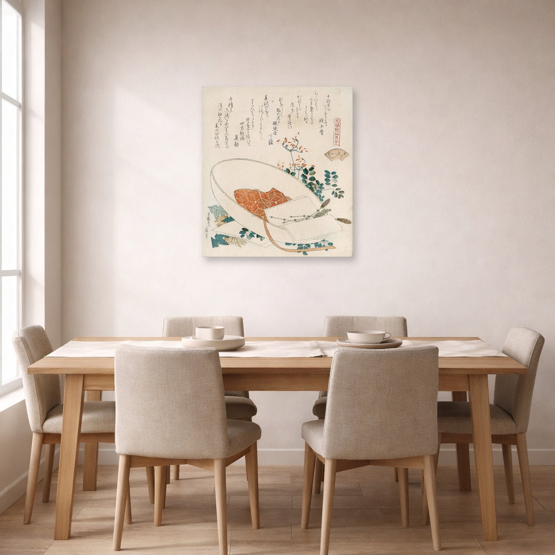 Unframed poster print of Katsushika Hokusai's Myriad Grasses Shell displayed on a wall in a dining room