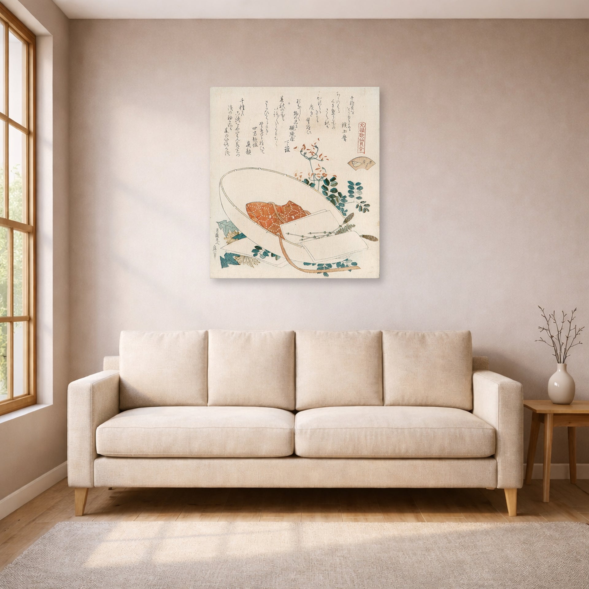 Unframed poster print of Katsushika Hokusai's Myriad Grasses Shell displayed on a wall in a living room