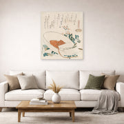 Unframed poster print of Katsushika Hokusai's Myriad Grasses Shell displayed on a wall in a living room