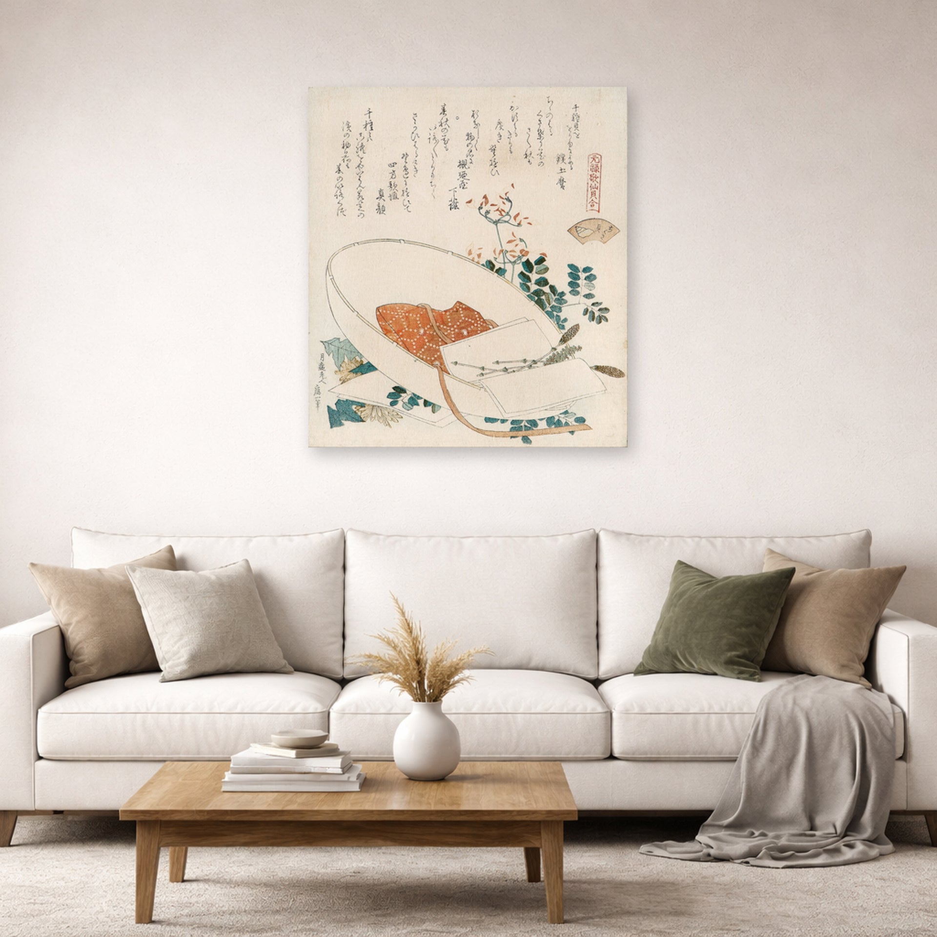 Unframed poster print of Katsushika Hokusai's Myriad Grasses Shell displayed on a wall in a living room