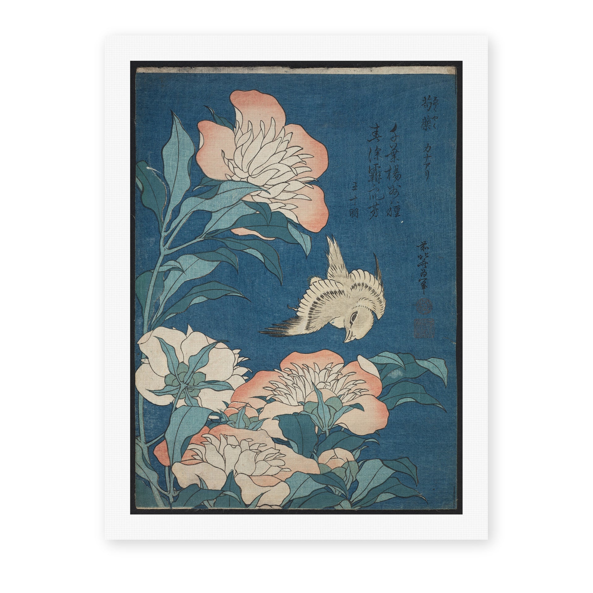 Katsushika Hokusai's 'Peonies and Canary' painting reproduced as a rolled canvas print