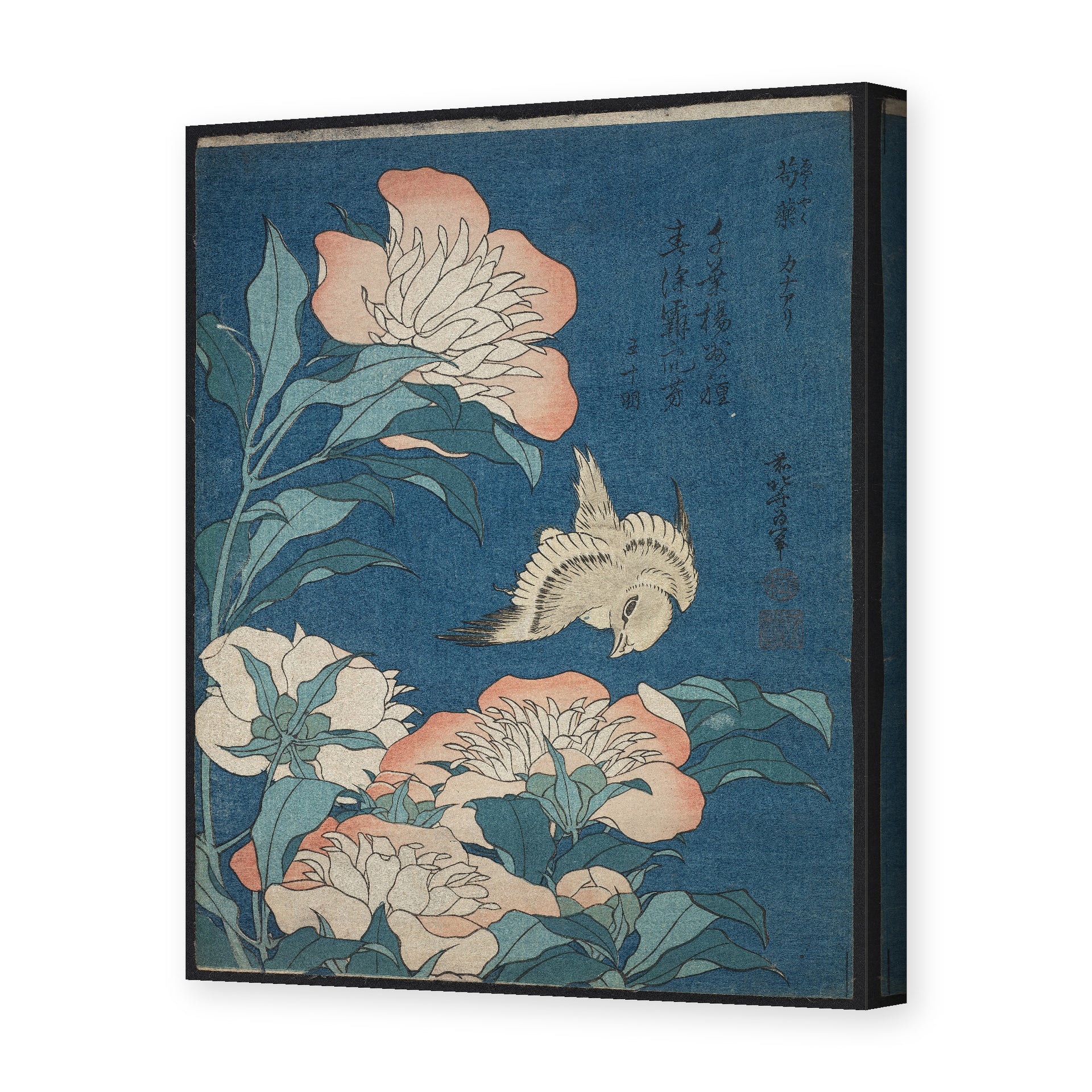 Katsushika Hokusai's 'Peonies and Canary' painting reproduced as a gallery-wrapped canvas print