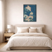 Gallery-wrapped canvas print of Katsushika Hokusai's Peonies and Canary displayed on a wall in a bedroom