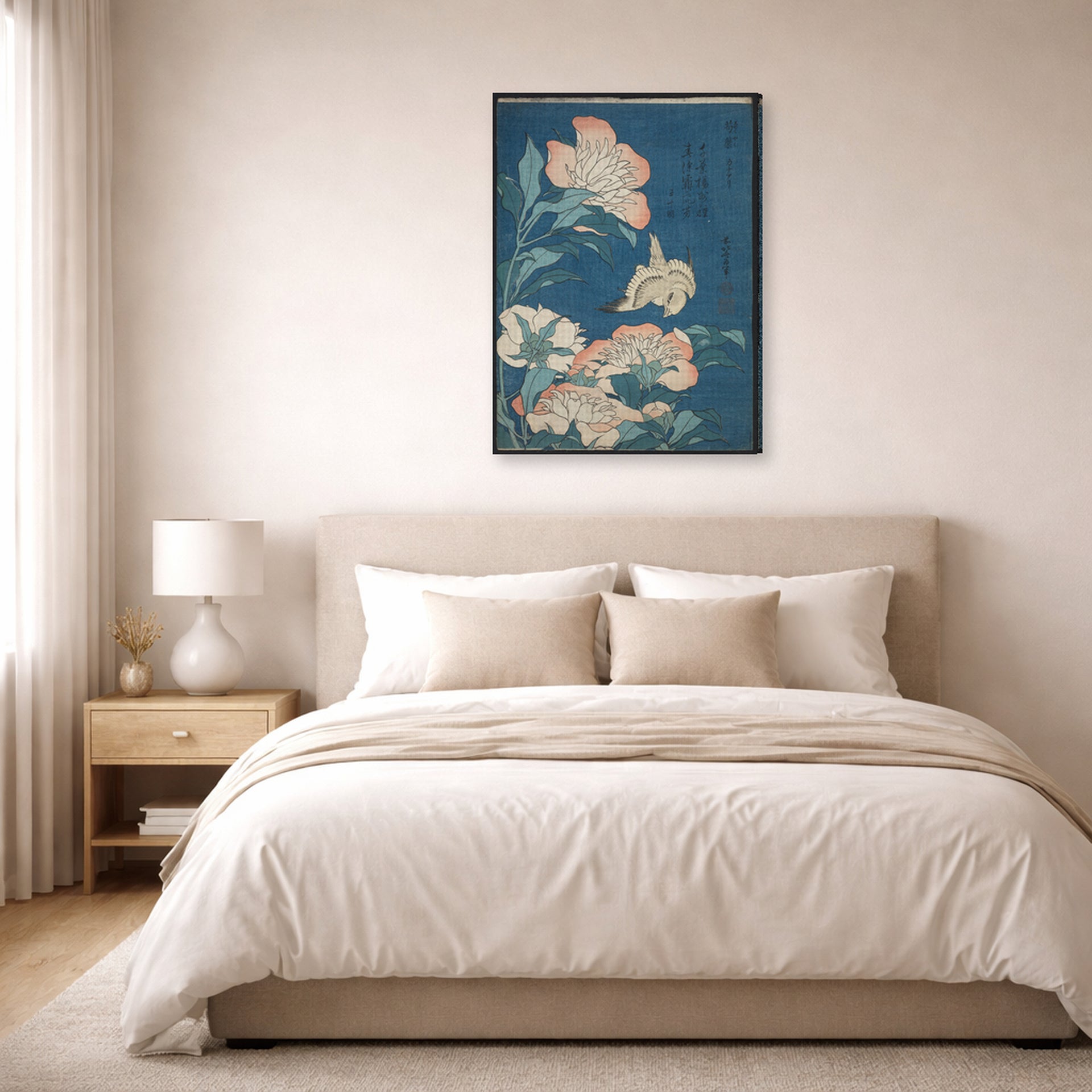Gallery-wrapped canvas print of Katsushika Hokusai's Peonies and Canary displayed on a wall in a bedroom