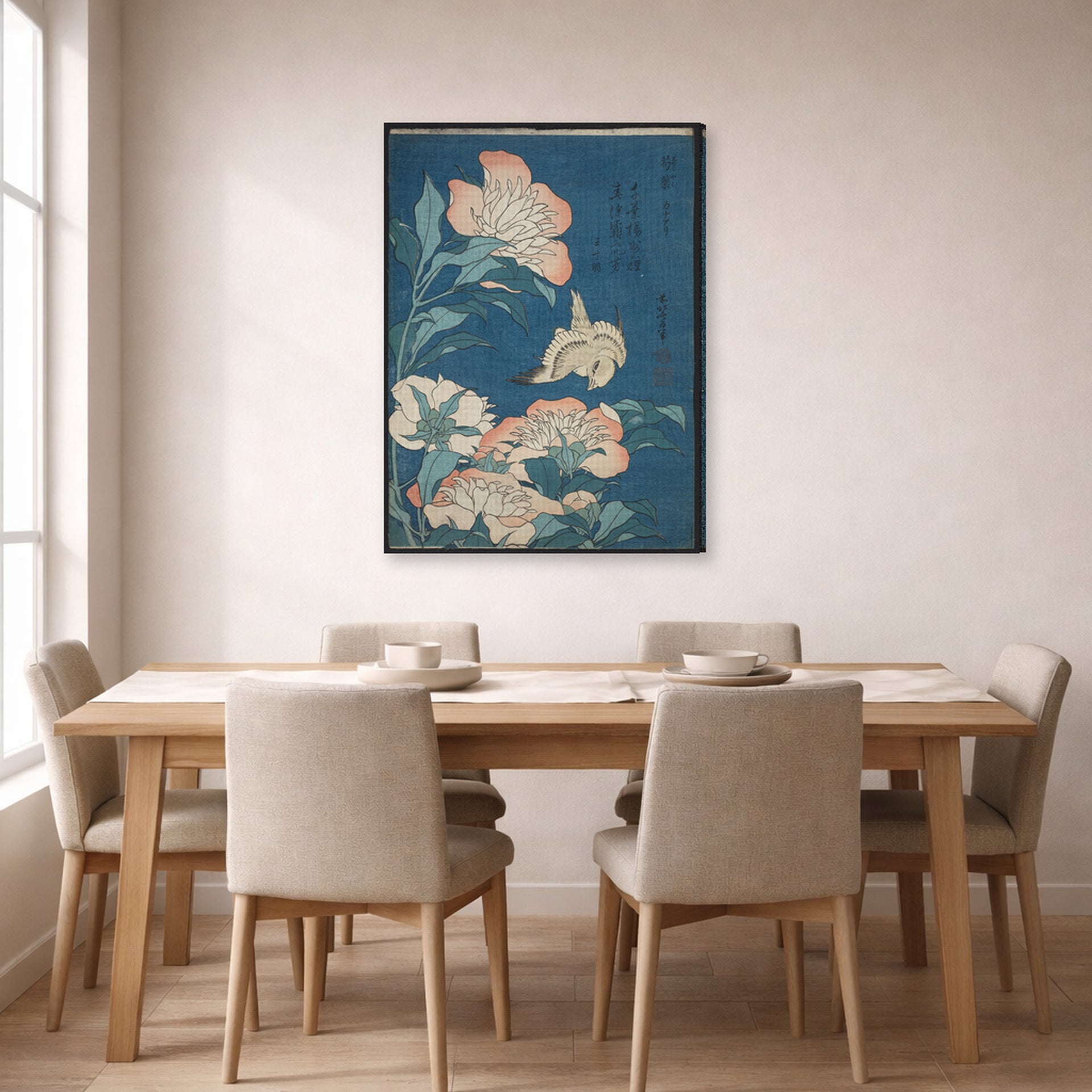 Gallery-wrapped canvas print of Katsushika Hokusai's Peonies and Canary displayed on a wall in a dining room