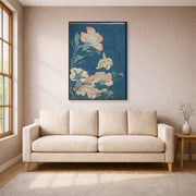 Gallery-wrapped canvas print of Katsushika Hokusai's Peonies and Canary displayed on a wall in a living room