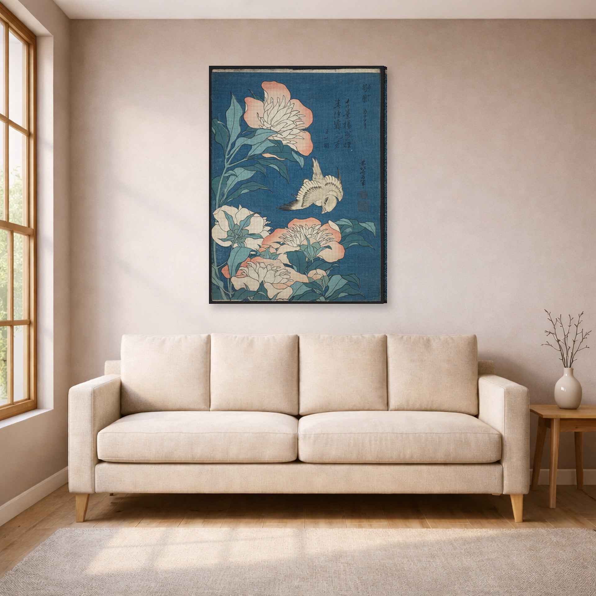Gallery-wrapped canvas print of Katsushika Hokusai's Peonies and Canary displayed on a wall in a living room