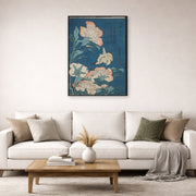 Gallery-wrapped canvas print of Katsushika Hokusai's Peonies and Canary displayed on a wall in a living room