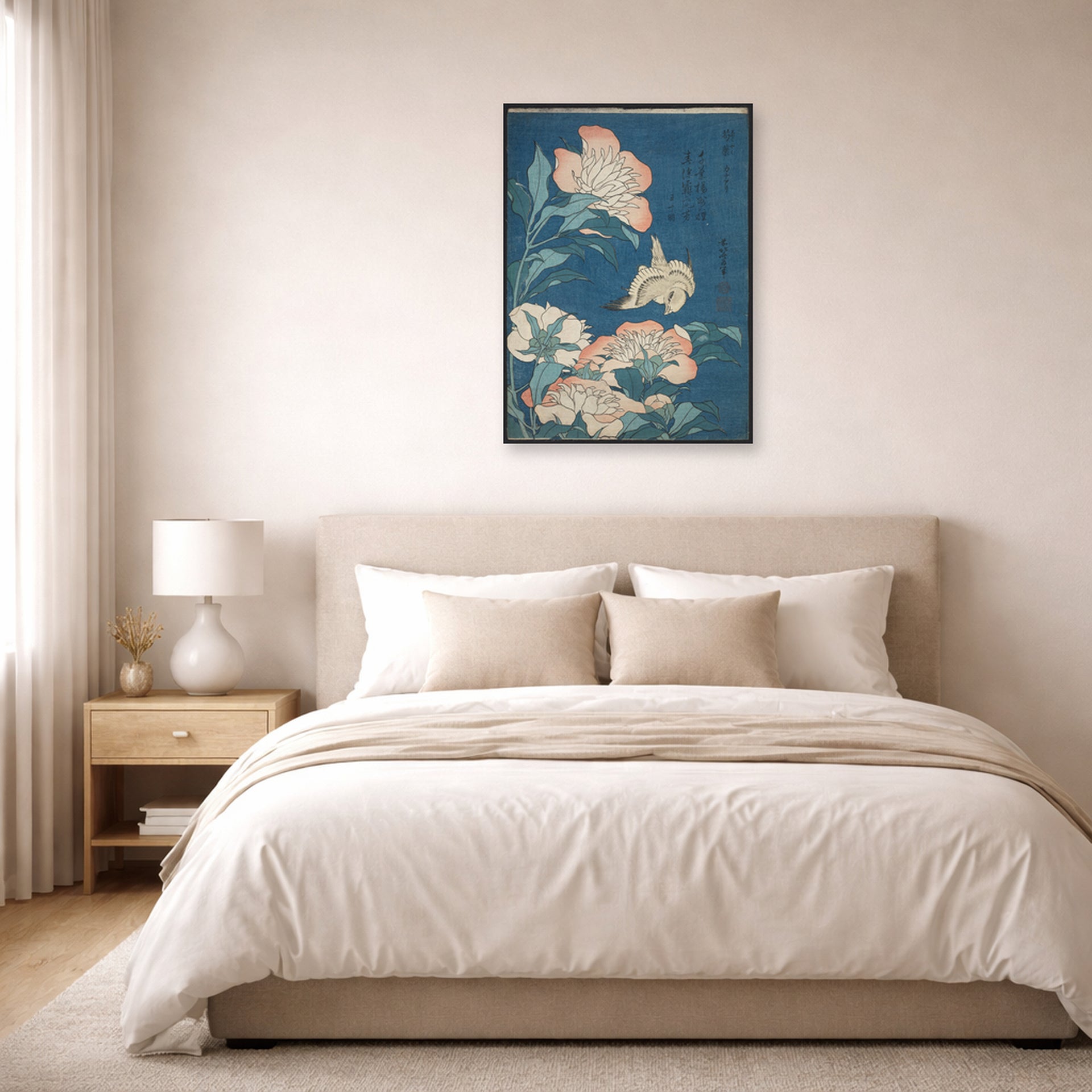 Unframed poster print of Katsushika Hokusai's Peonies and Canary displayed on a wall in a bedroom