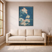 Unframed poster print of Katsushika Hokusai's Peonies and Canary displayed on a wall in a living room