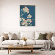 Unframed poster print of Katsushika Hokusai's Peonies and Canary displayed on a wall in a living room