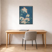 Unframed poster print of Katsushika Hokusai's Peonies and Canary displayed on a wall in a office