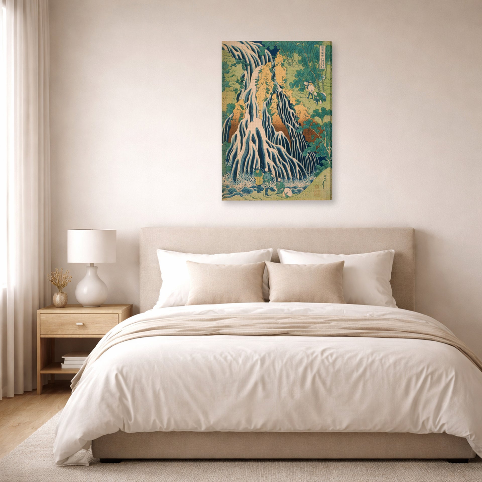 Gallery-wrapped canvas print of Katsushika Hokusai's Pilgrims at Kirifuri Waterfall on Mount Kurokami in Shimotsuke Province displayed on a wall in a bedroom