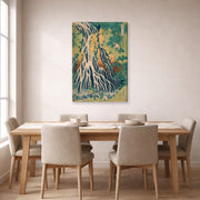 Gallery-wrapped canvas print of Katsushika Hokusai's Pilgrims at Kirifuri Waterfall on Mount Kurokami in Shimotsuke Province displayed on a wall in a dining room