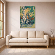 Gallery-wrapped canvas print of Katsushika Hokusai's Pilgrims at Kirifuri Waterfall on Mount Kurokami in Shimotsuke Province displayed on a wall in a living room
