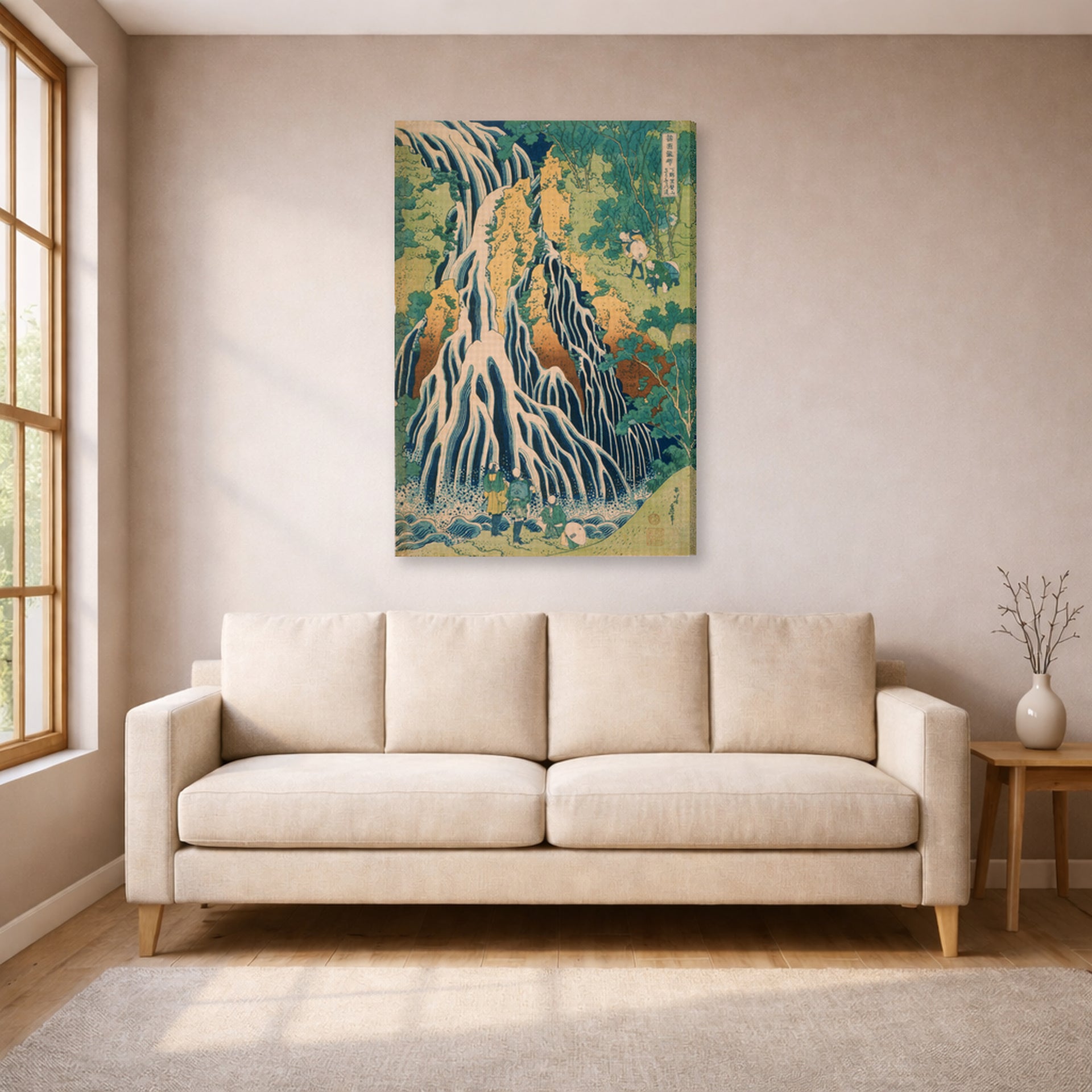Gallery-wrapped canvas print of Katsushika Hokusai's Pilgrims at Kirifuri Waterfall on Mount Kurokami in Shimotsuke Province displayed on a wall in a living room