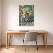 Gallery-wrapped canvas print of Katsushika Hokusai's Pilgrims at Kirifuri Waterfall on Mount Kurokami in Shimotsuke Province displayed on a wall in a office