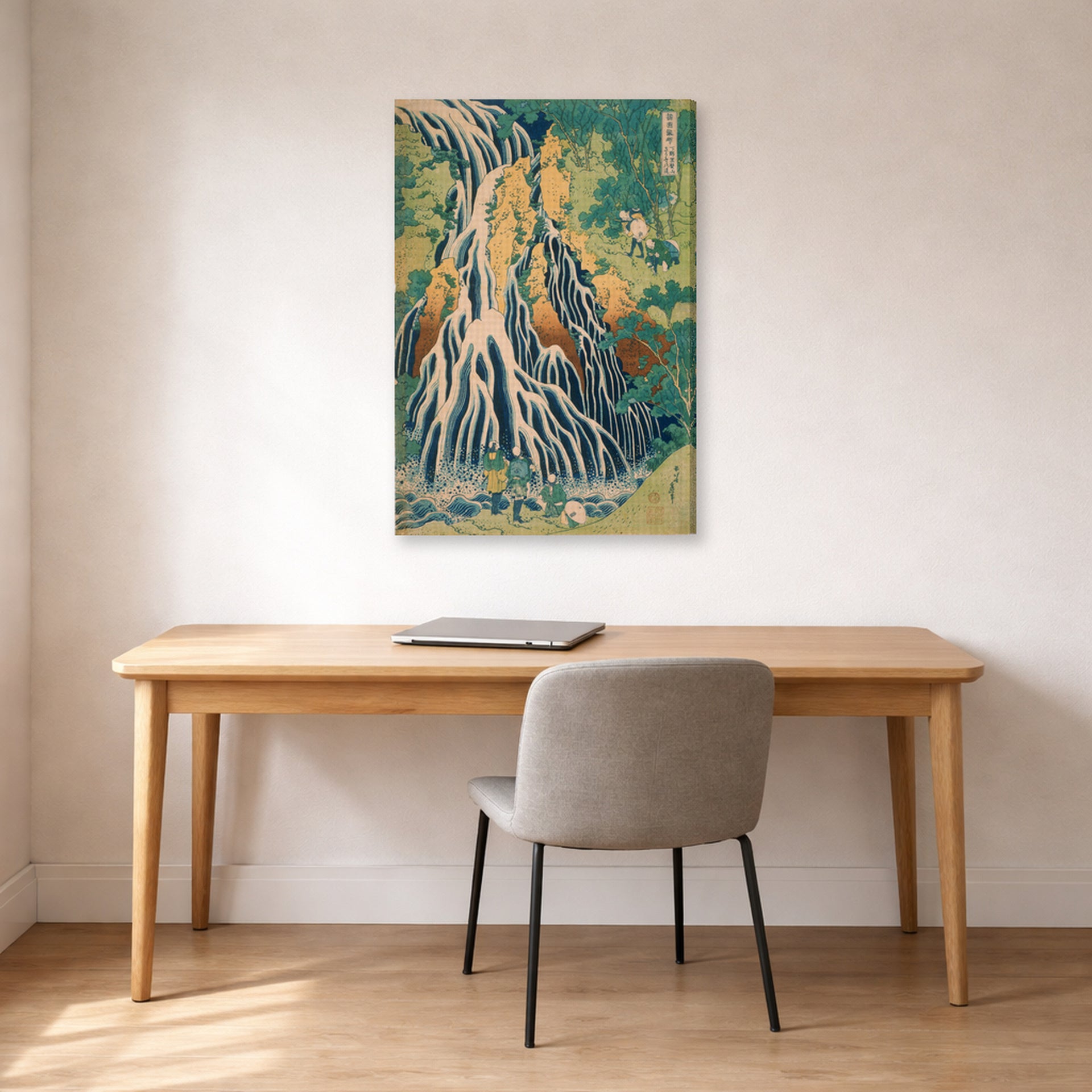 Gallery-wrapped canvas print of Katsushika Hokusai's Pilgrims at Kirifuri Waterfall on Mount Kurokami in Shimotsuke Province displayed on a wall in a office