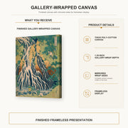 Katsushika Hokusai - Pilgrims at Kirifuri Waterfall on Mount Kurokami in Shimotsuke Province gallery wrap canvas construction and hanging details infographic