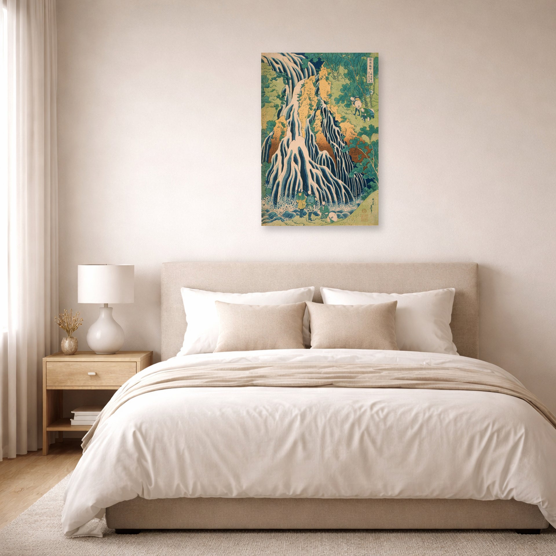 Unframed poster print of Katsushika Hokusai's Pilgrims at Kirifuri Waterfall on Mount Kurokami in Shimotsuke Province displayed on a wall in a bedroom