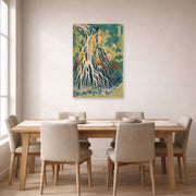 Unframed poster print of Katsushika Hokusai's Pilgrims at Kirifuri Waterfall on Mount Kurokami in Shimotsuke Province displayed on a wall in a dining room