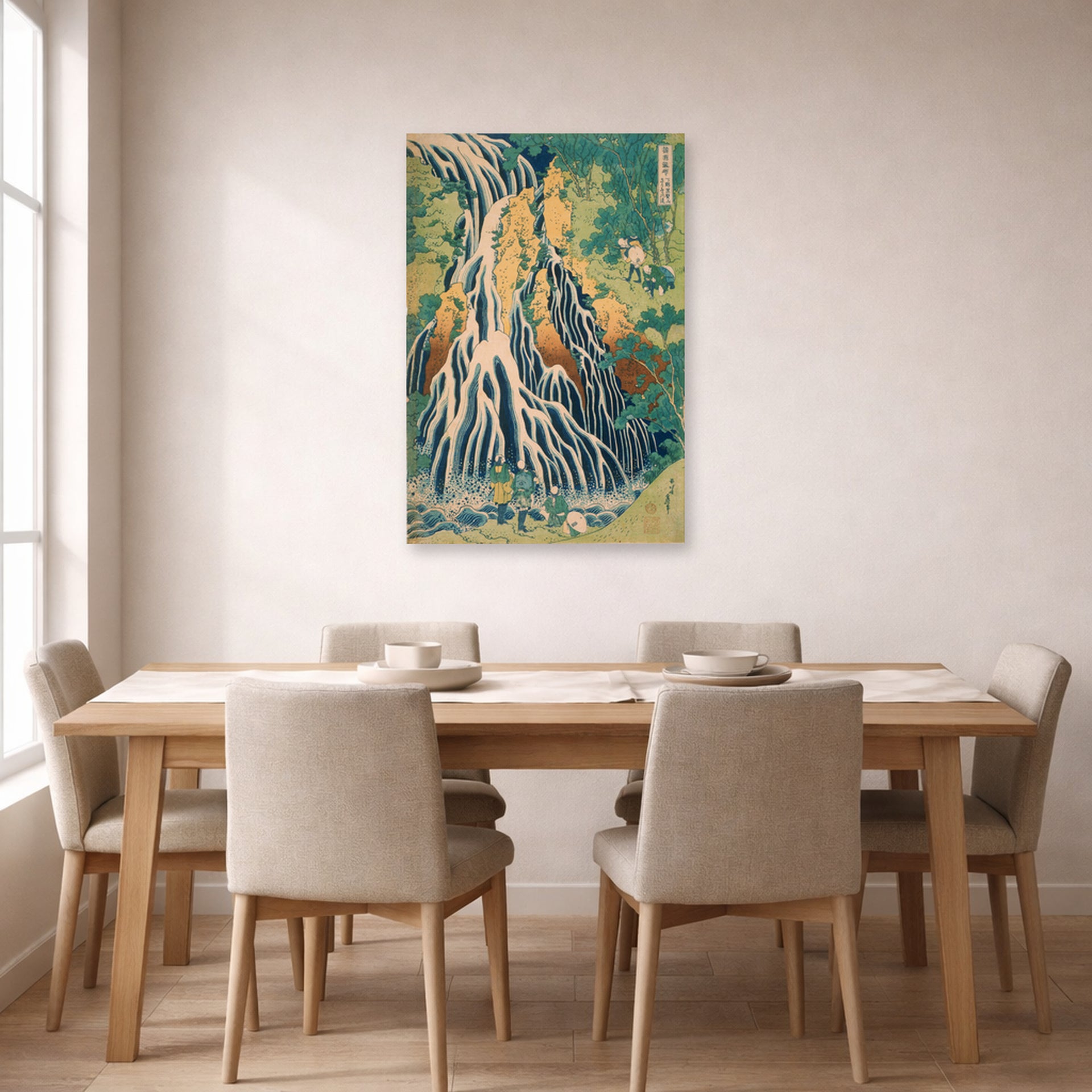Unframed poster print of Katsushika Hokusai's Pilgrims at Kirifuri Waterfall on Mount Kurokami in Shimotsuke Province displayed on a wall in a dining room
