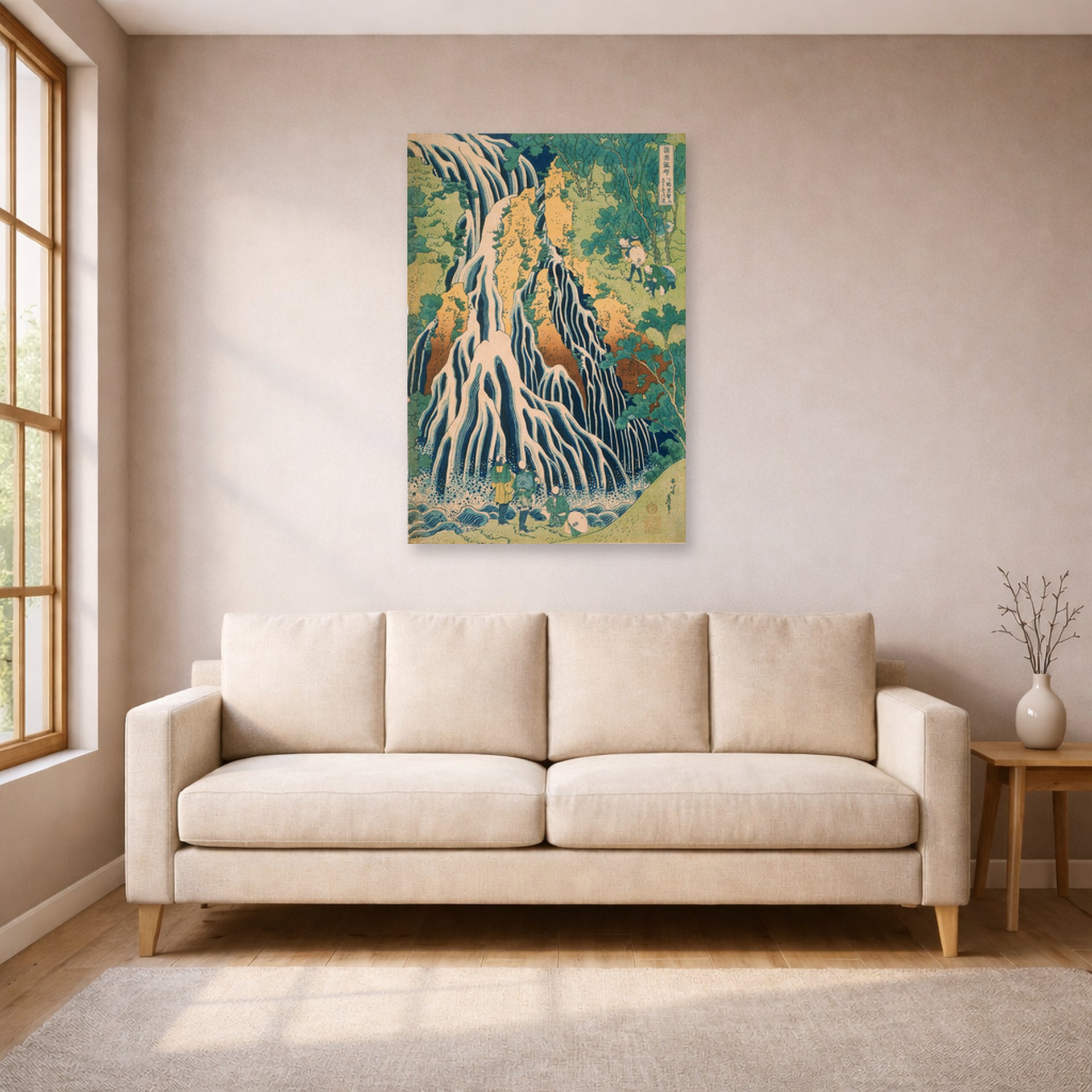 Unframed poster print of Katsushika Hokusai's Pilgrims at Kirifuri Waterfall on Mount Kurokami in Shimotsuke Province displayed on a wall in a living room