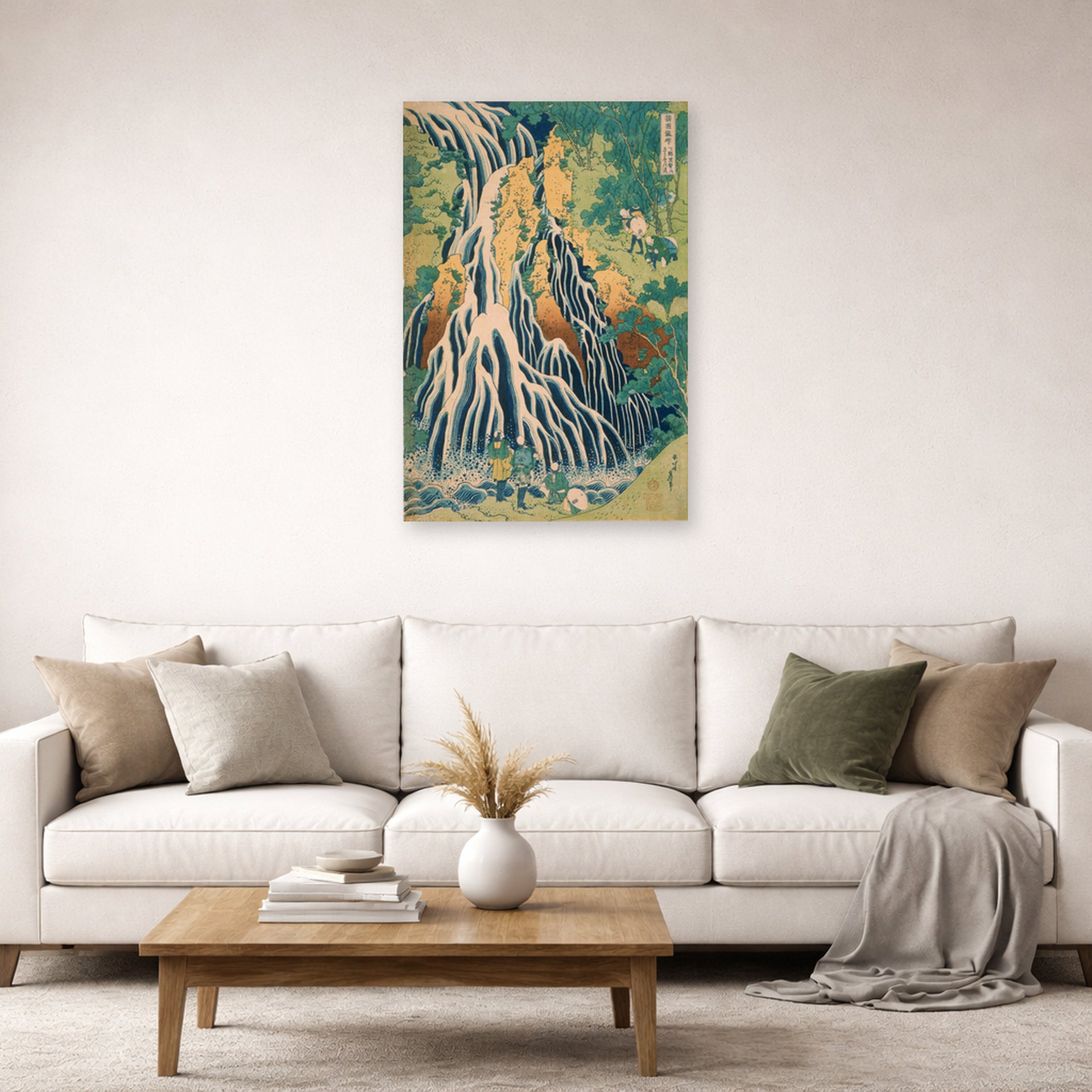 Unframed poster print of Katsushika Hokusai's Pilgrims at Kirifuri Waterfall on Mount Kurokami in Shimotsuke Province displayed on a wall in a living room