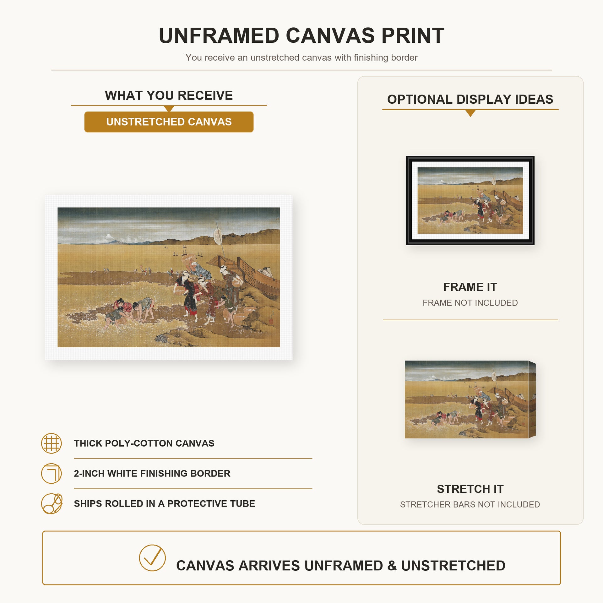 Katsushika Hokusai - Shell Gathering canvas print size comparison and framing display infographic