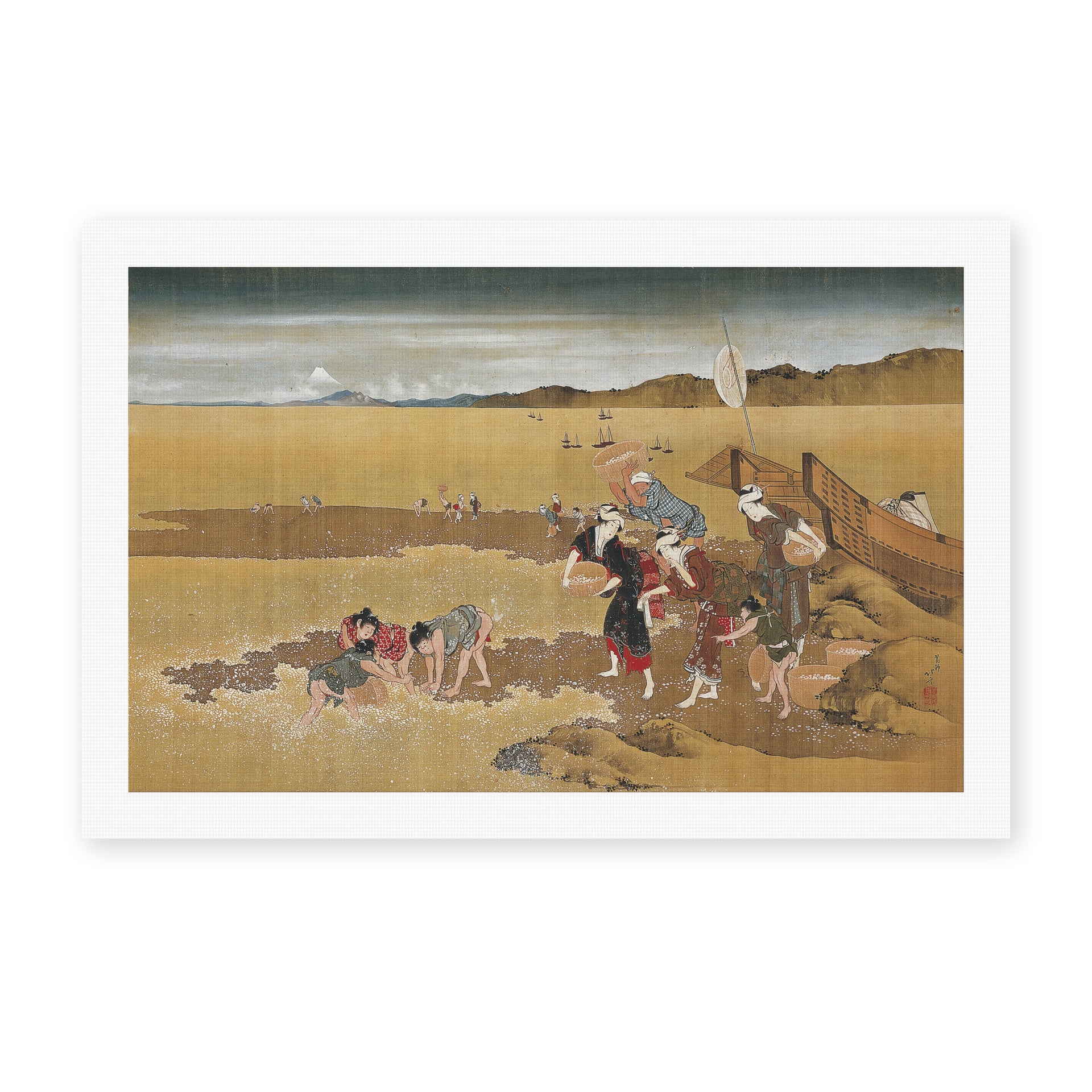 Katsushika Hokusai's 'Shell Gathering' painting reproduced as a rolled canvas print