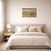 Gallery-wrapped canvas print of Katsushika Hokusai's Shell Gathering displayed on a wall in a bedroom