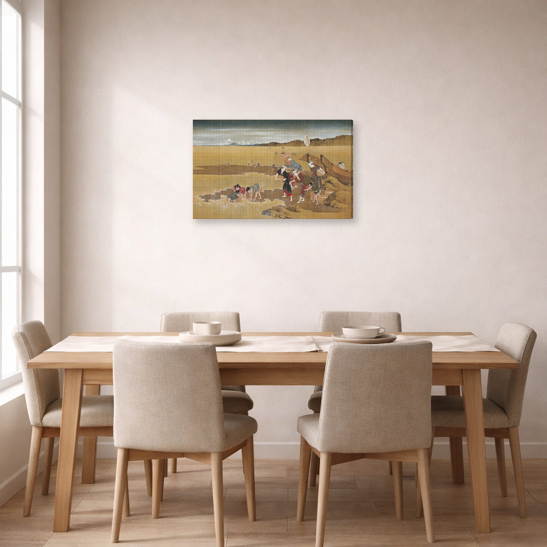 Gallery-wrapped canvas print of Katsushika Hokusai's Shell Gathering displayed on a wall in a dining room