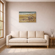 Gallery-wrapped canvas print of Katsushika Hokusai's Shell Gathering displayed on a wall in a living room